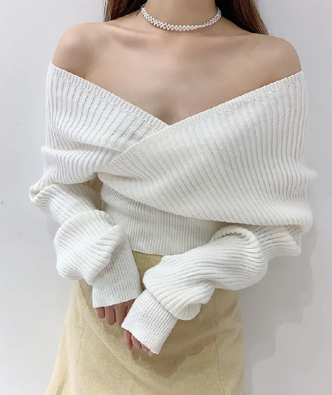 Sexy off-shoulder long-sleeved sweater white sweater  116 Gym