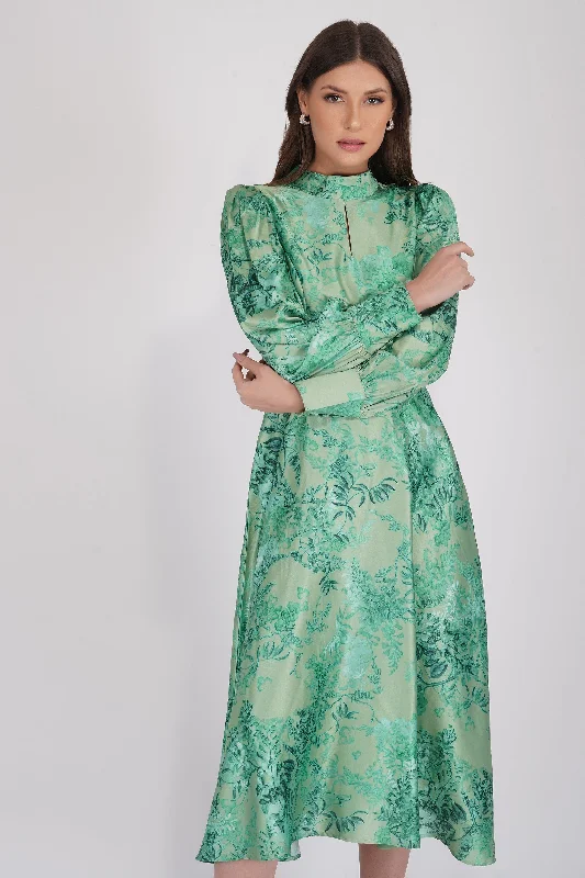 Taylor Long Sleeve Satin Midi Dress in Green Street