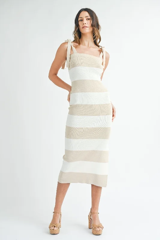 Beige Bow Shoulder Stripe Sweater Maxi Dress Confident Women's High - fashion
