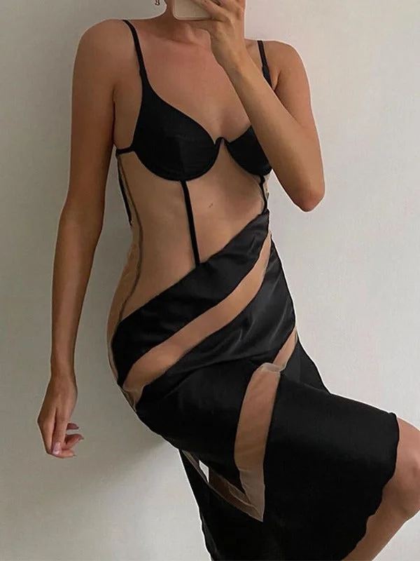 Asymmetric Patchwork Mesh Maxi Dress Casual Women's Loose - fitting