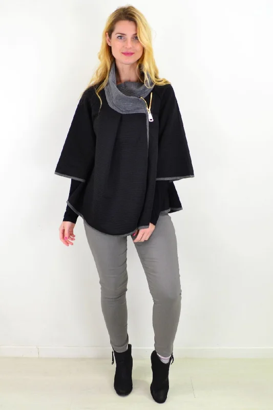 Black Quilted Grey Collar Winter Poncho Tunic Rugged Women's Outdoor 