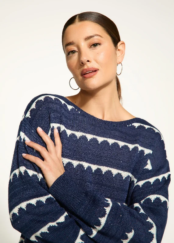 Boat-Neck Scalloped Stripe Sweater, White/Navy Bold Women's Animal Print