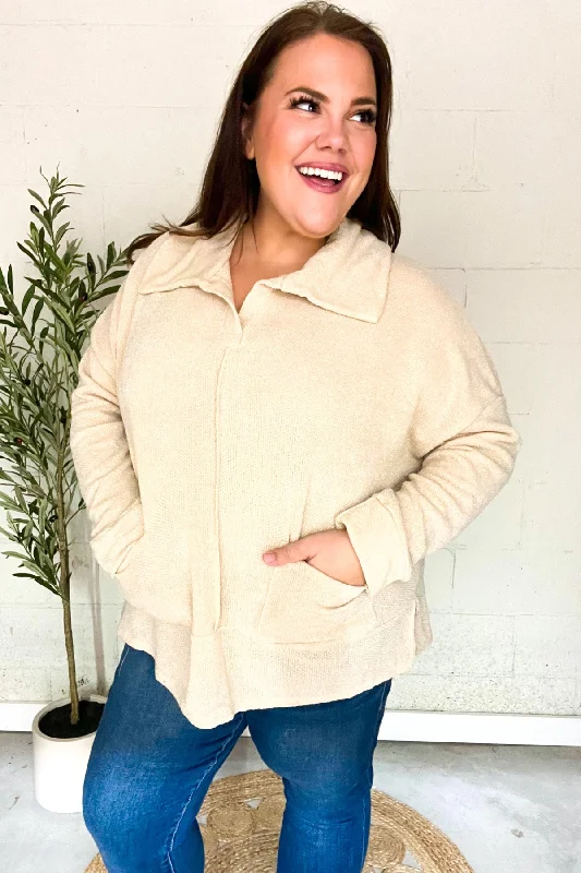 Easy Living Oatmeal Textured Knit Notch Neck Oversized Collar Sweater Refined Women's Velvet