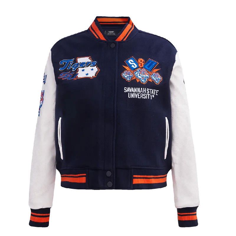 SAVANNAH STATE UNIVERSITY HOMECOMING RIB WOOL VARSITY JACKET (MIDNIGHT NAVY/ORANGE/MIDNIGHT NAVY) Relaxed Women's SAVANNAH STATE UNIVERSITY HOMECOMING RIB WOOL VARSITY JACKET (MIDNIGHT NAVY/ORANGE/MIDNIGHT NAVY) Relaxed Women's