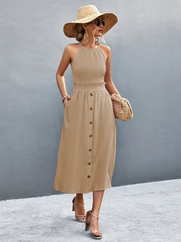 Buttoned Halter Neck Frill Trim Midi Dress Confident Women's Power