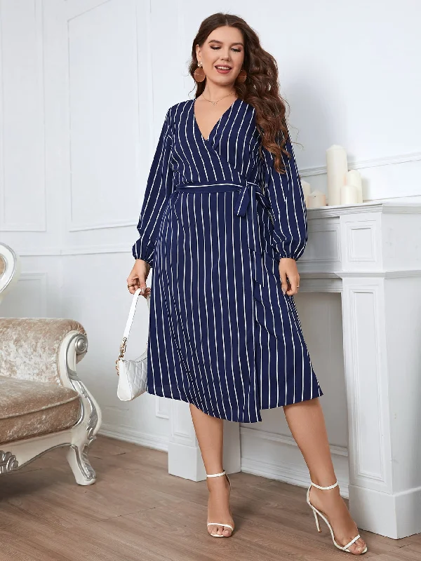 Plus Size Striped Surplice Neck Long Sleeve Dress Bold Women's Statement