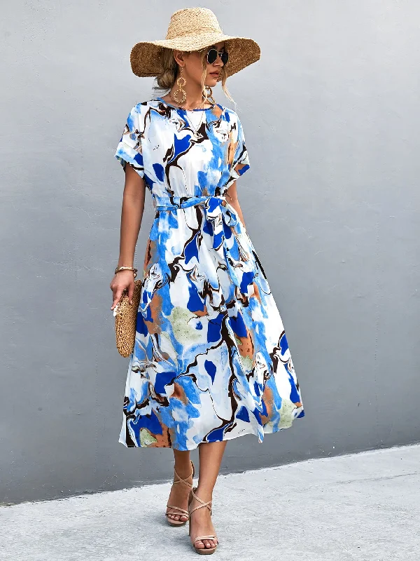 Round Neck Short Sleeve Tie Waist Midi Dress Polished Women's Silk