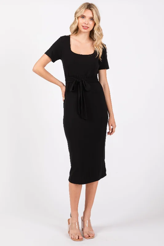 Black Square Neck Belted Midi Dress Bohemian Women's Free