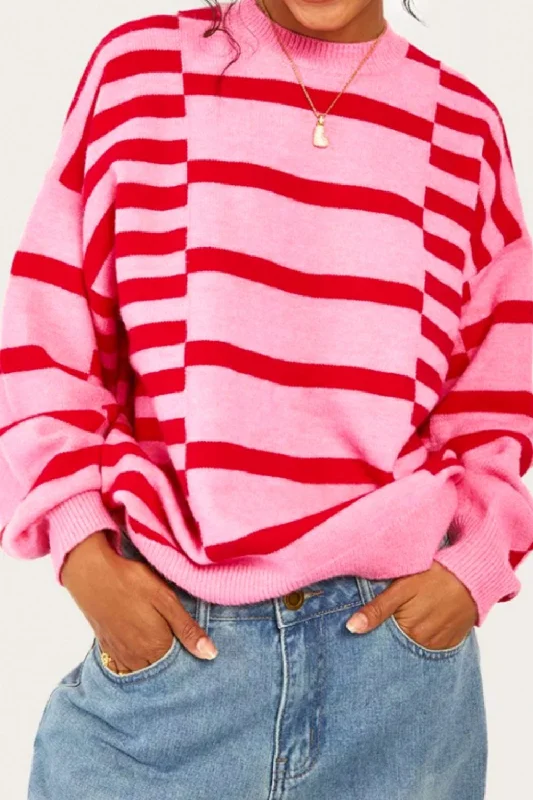 Striped Round Neck Dropped Shoulder Sweater Cool Women's Skate