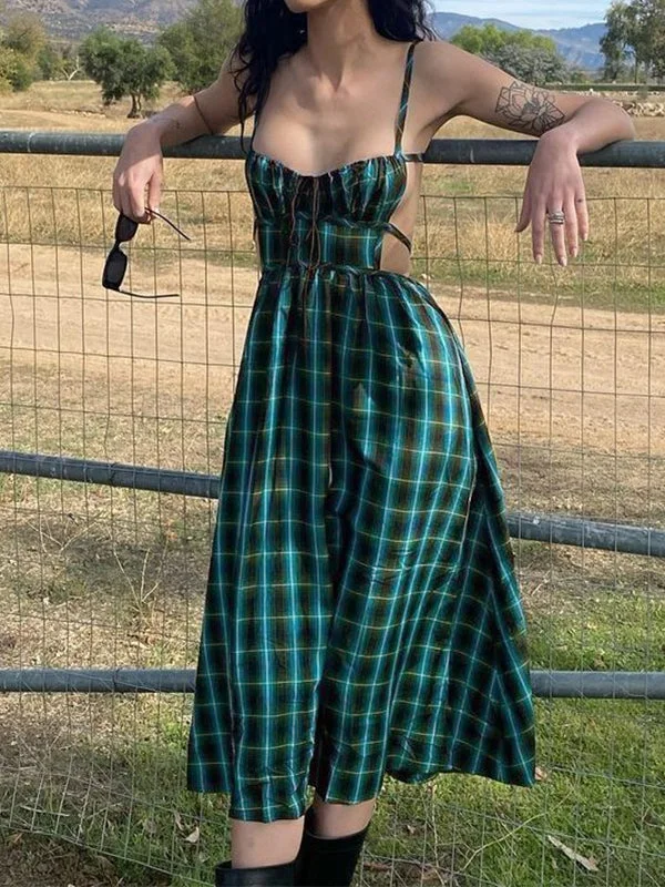 Backless Green Checkered Maxi Dress Trendy Women's 