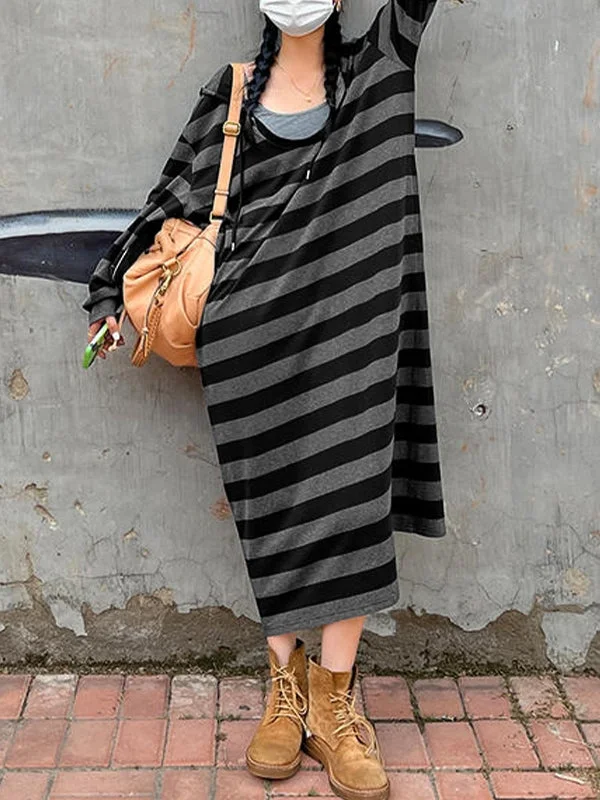 Hooded Stripe Long Sleeve Maxi Dress Streetwear Style for 