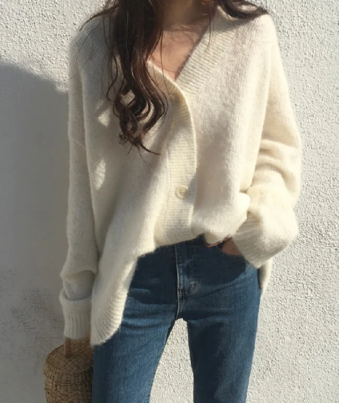 Loose v-neck sweater coat knitted cardigan coat  151 Refined Women's Hand - crafted