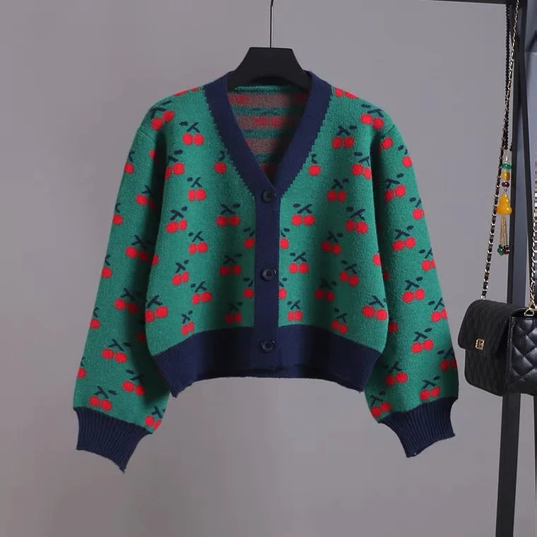 V-neck short knit jacket, cherry jacquard cardigan  1405 Street