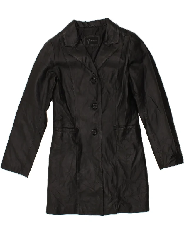 VINTAGE Womens Leather Coat UK 8 Small Black Leather Polished Women's Silk