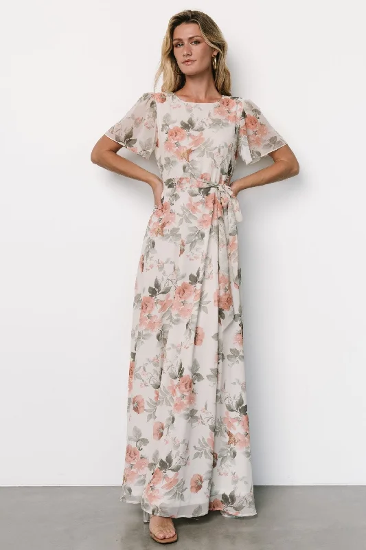 Naomi Short Sleeve Maxi Dress | Ivory + Coral Floral Polished Women's Silk
