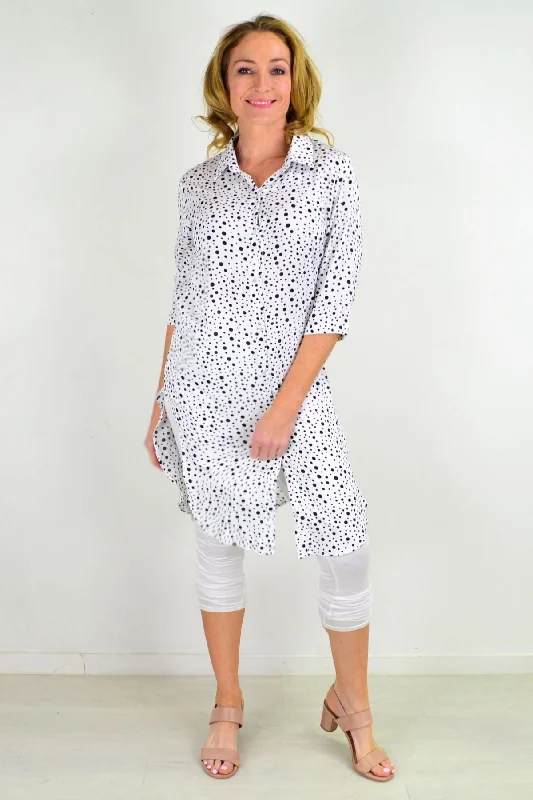 White Long Shirt Tunic Black Spots Sustainable Organic