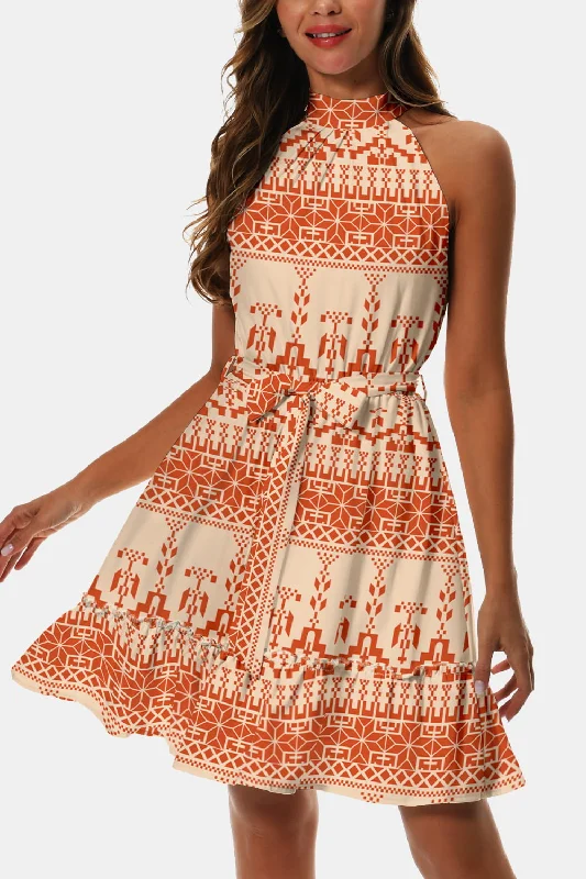 Printed Tie Waist Frill Trim Dress Classic Women's Pin - striped