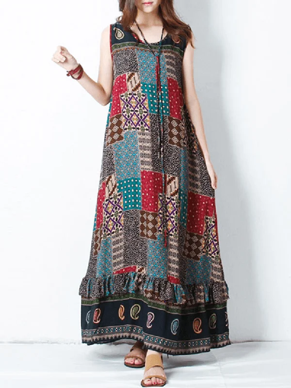 Bohemian Women Sleeveless O-Neck Printed Maxi Tank Dress Streetwear Style for 