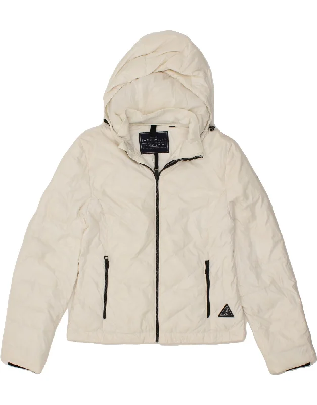 JACK WILLS Womens Hooded Padded Jacket UK 12 Medium  Off White Polyamide Earthy Women's Hemp - based