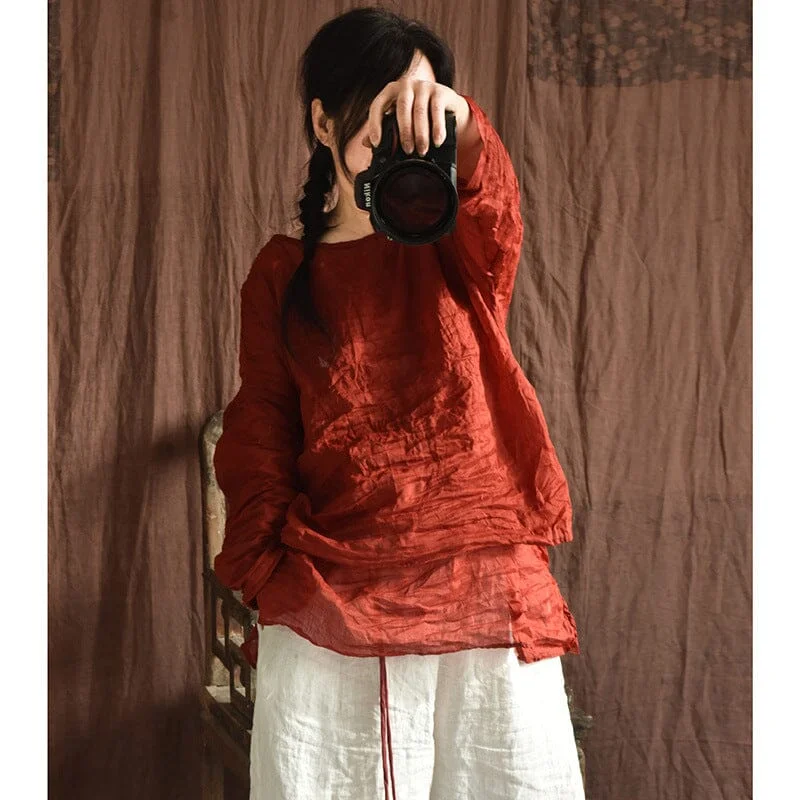 Spring Summer Retro Pleated Linen Long Sleeve T-Shirt Bold Women's Statement