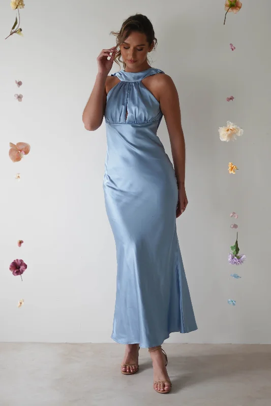 Lauryn Halter Neck Maxi Dress | Light Blue Cozy Women's Sherpa - lined