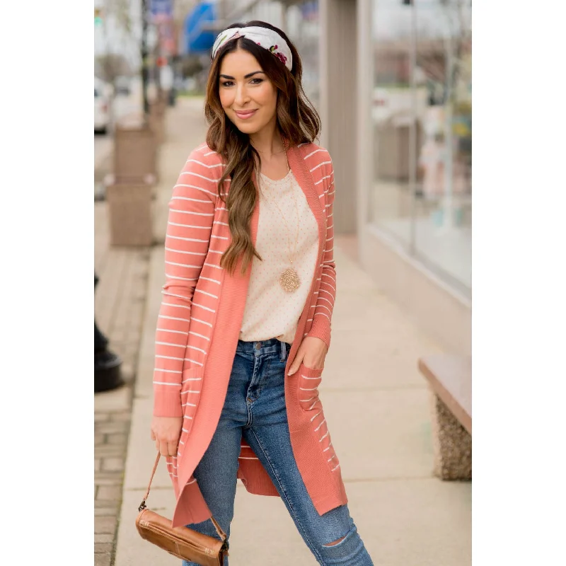 Ribbed Trim Striped Tunic Cardigan Dynamic Women's High - energy