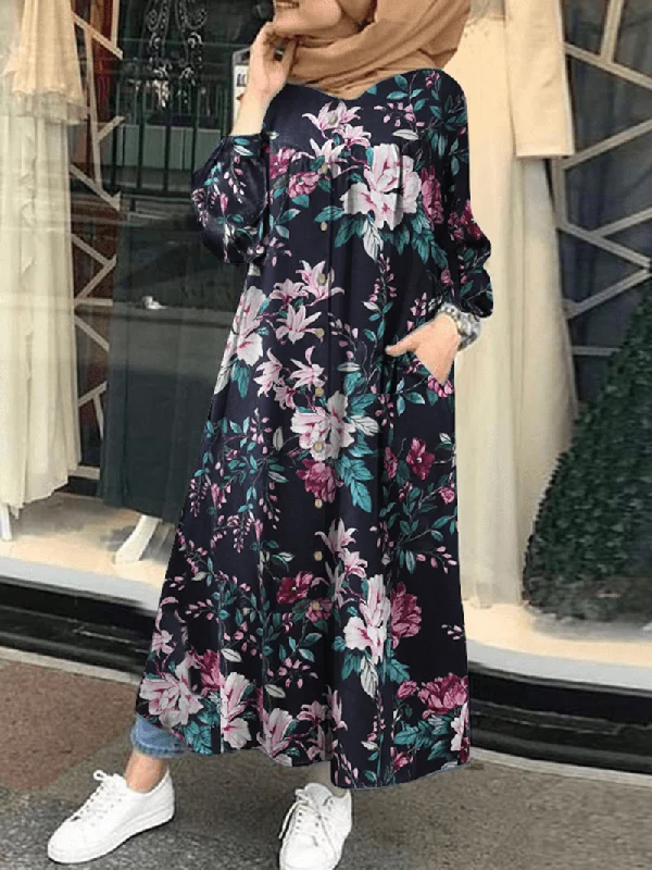 Women 100% Cotton Floral Print Mid-Calf Length Kaftan Maxi Dresses with Side Pocket European