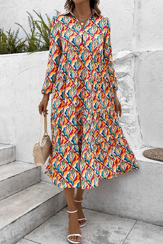 Printed Collared Neck Long Sleeve Dress Business