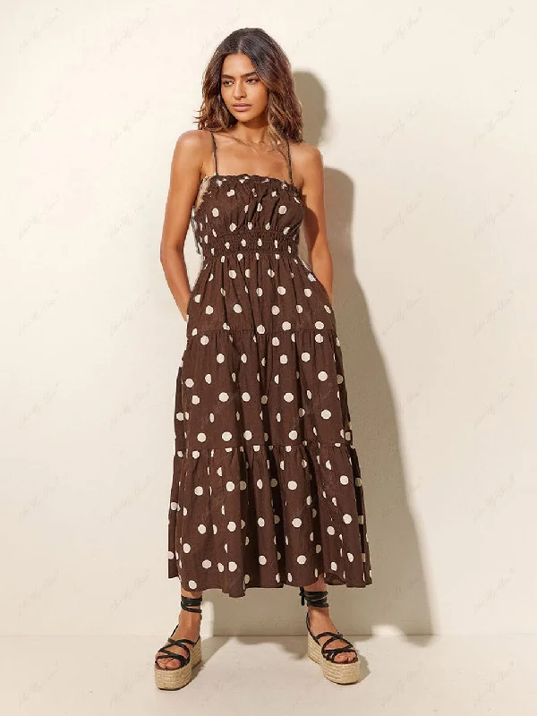 Chocolate And Ivory Polka Dot Trendy Print Pleated Elastic Strap Dress Adventure