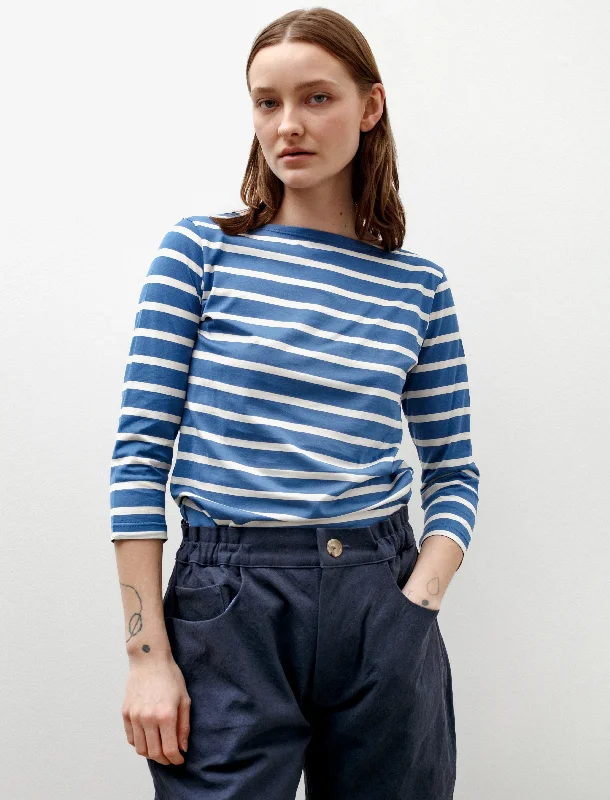 3/4 Sleeve Boat Neck T-Shirt Bluestone/Ecru Laid - back Women's Style