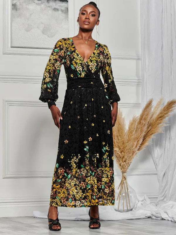 Amica Symmetrical Print Lace Maxi Dress, Yellow Floral Relaxed Women's Beachy