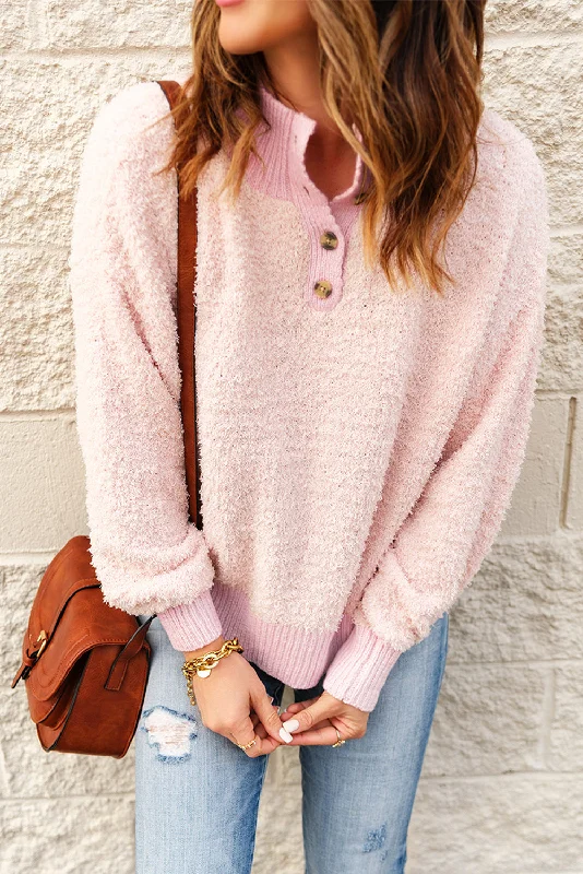 Button Detail Mock Neck Long Sleeve Sweater Sporty Women's Tennis