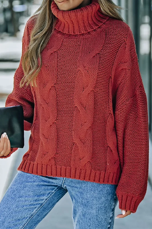 Cable-Knit Turtleneck Dropped Shoulder Sweater Monochromatic All - in - one