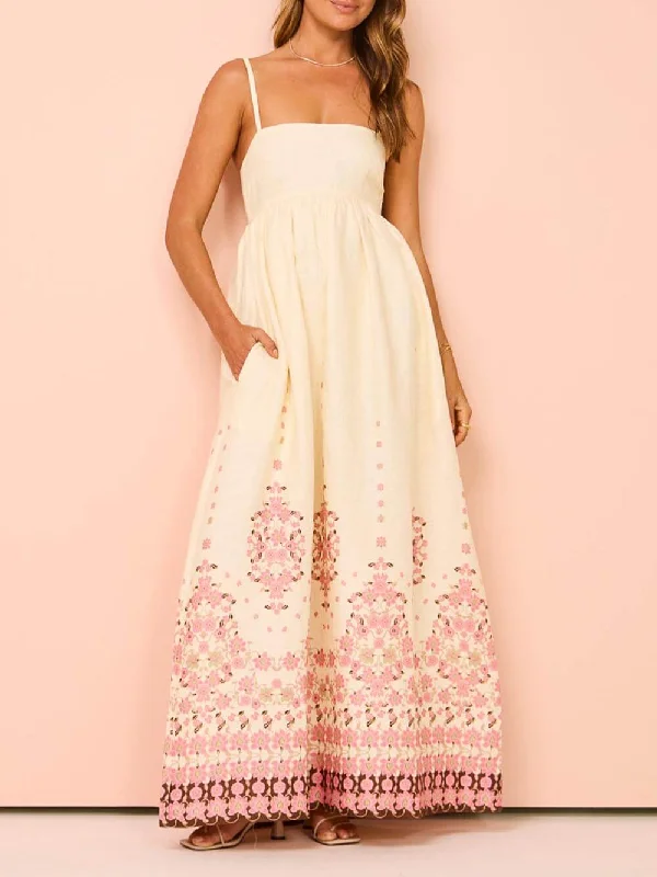 Ethnic Print Halter Charming Cream Extra Maxi Dress European
