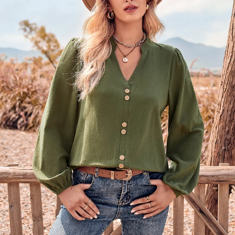Fashion V-Neck Button Embellished Long Sleeve Top Wholesale Womens Tops Cool Women's Skate Fashion V-Neck Button Embellished Long Sleeve Top Wholesale Womens Tops Cool Women's Skate