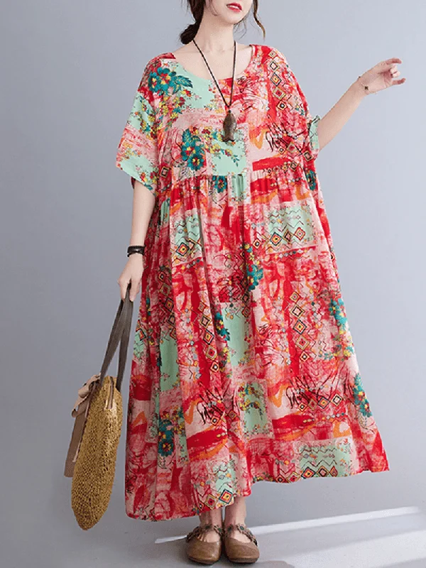 O-Neck Floral Loose Bohemian Casual Summer Dress for Women Classic Women's Pin - striped