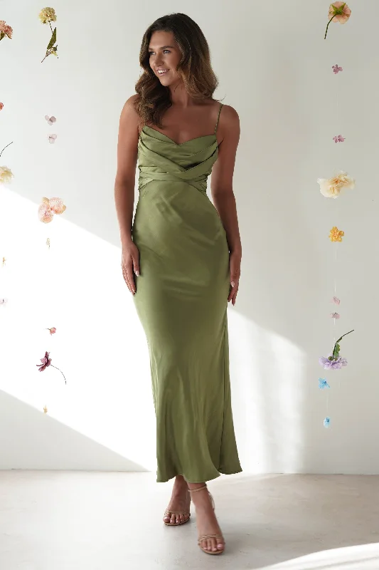 Everleigh Soft Satin Midi Dress | Olive Elegant Women's Formal 