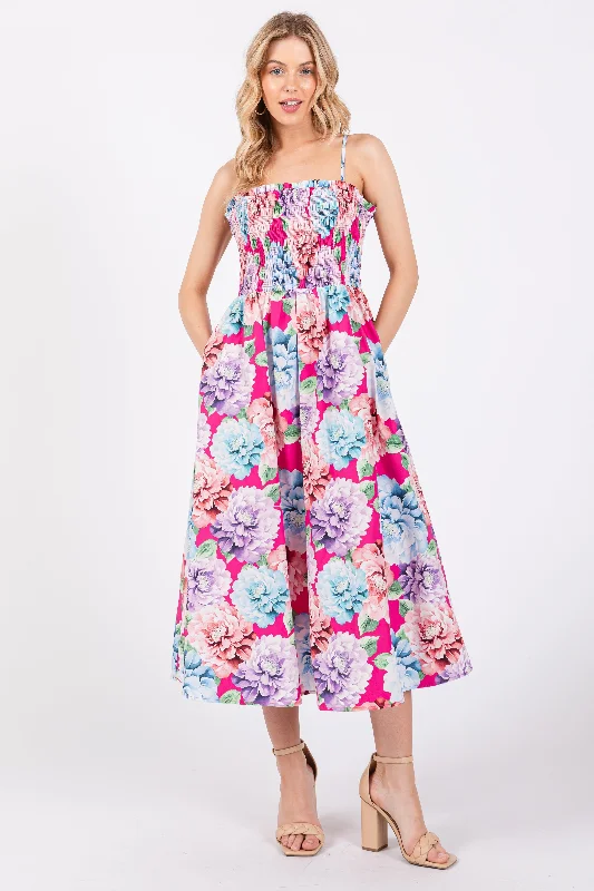 Fuchsia Floral Smocked Midi Dress Bold Women's Animal Print