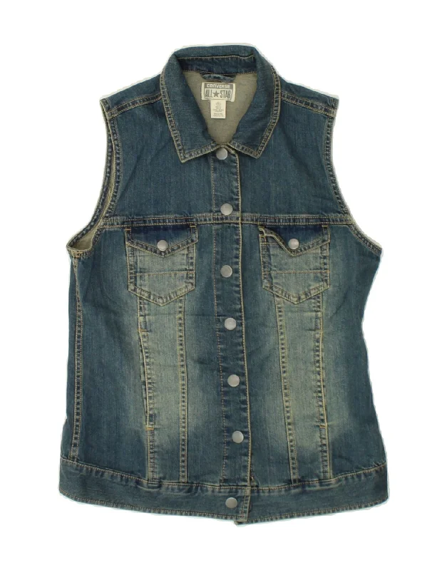 CONVERSE Womens Graphic Denim Gilet UK 10 Small Blue Cotton Dynamic Women's Moto