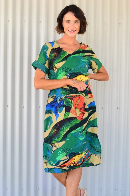 Green Orange Playful Tunic Dress Refined Women's Velvet