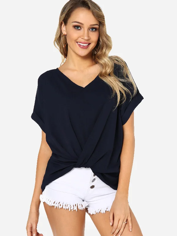 Custom V-Neck Plain Pleated Short Sleeve Ruffle Hem Blue T-Shirts Country