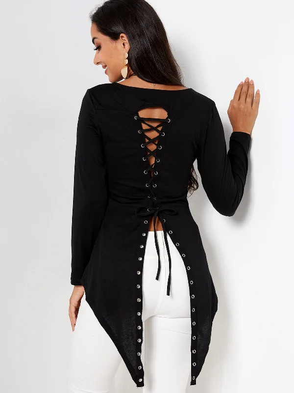 Custom Scoop Neck Plain Lace-Up Long Sleeve Irregular Hem Black T-Shirts Contemporary 