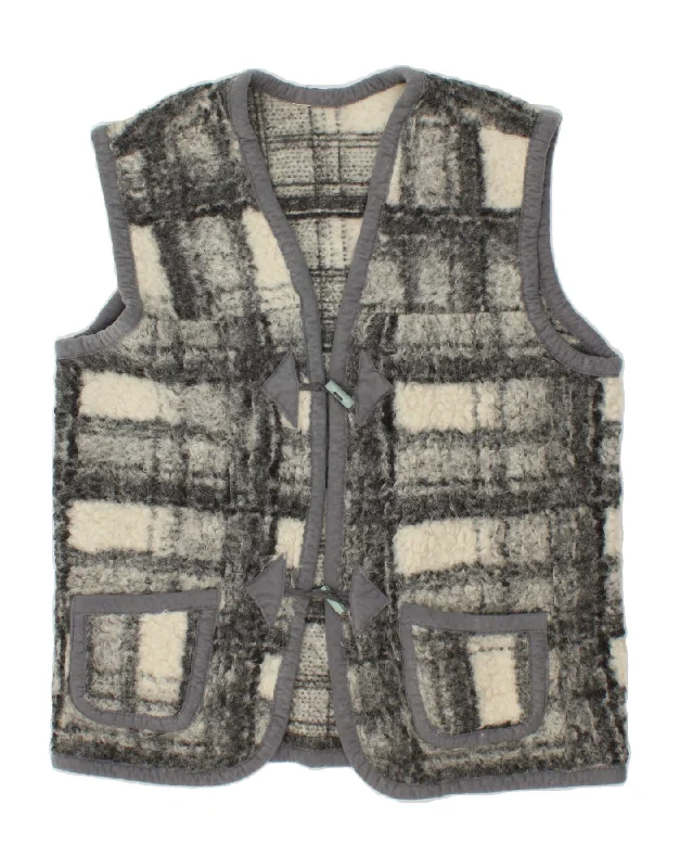 VINTAGE Womens Fleece Gilet UK 16 Large Grey Check Aztec Confident Women's Power