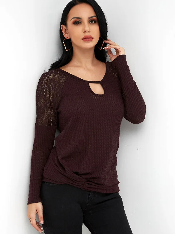 Custom Round Neck Plain Lace Cut Out Long Sleeve Burgundy T-Shirts Casual Women's Japanese 