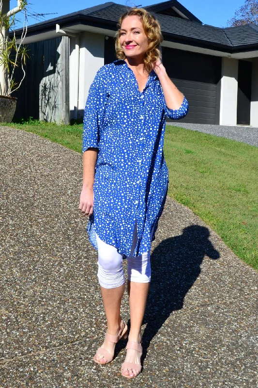 Blue White Spot Long Shirt Tunic Stylish Women's Tropical 