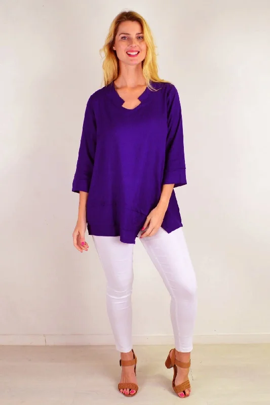 Deep Purple Linen Cotton Tunic Top Cozy Women's Winter