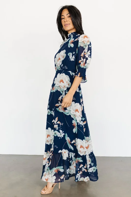Marie Mock Neck Maxi Dress | Navy Floral Youthful Women's Pop