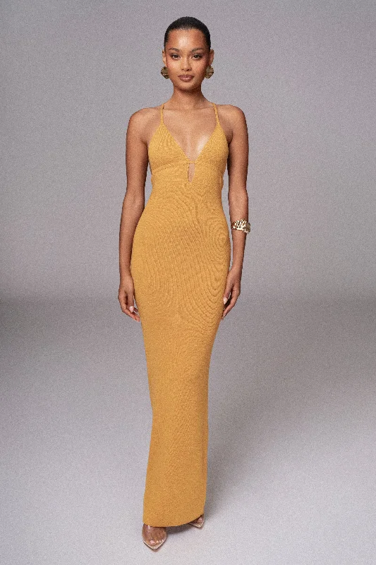 Yellow Sun Rays Knit Maxi Dress Refined Women's Hand - crafted