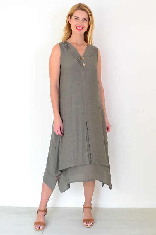 Khaki Sleeveless Coconut Button Tunic Dress garde