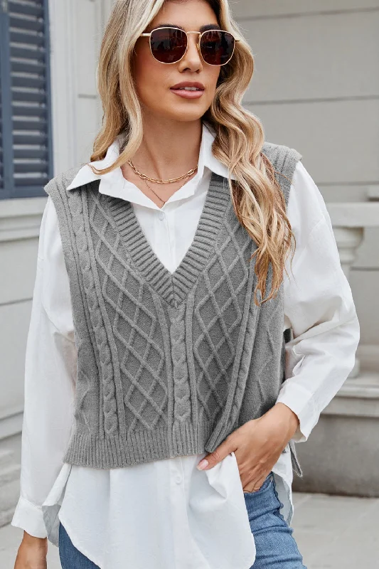 Cable-Knit V-Neck Sweater Vest Earthy Women's Hemp - based